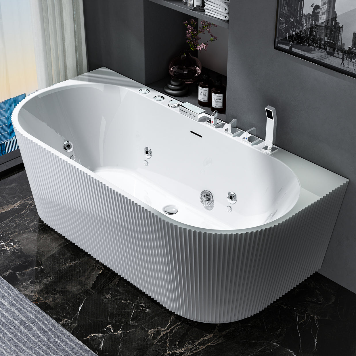 Freestanding Whirlpool Bathtub 67" x 31.5" – Acrylic Soaking Tub with Adjustable Massage Jets, 7-Color LED Lights & Faucet (BT520FL-WH)