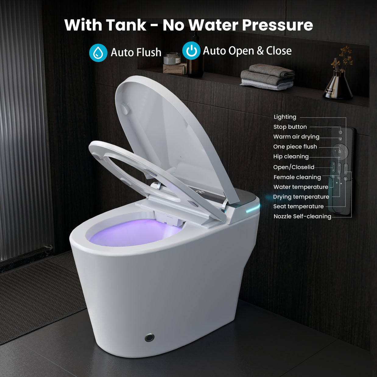 YULIKA-ST001 Radar Sensing Elongated Bidet Comfort Chair Height Floor Mounted Smart Toilet One-Piece Bidet Toilet with LED Screen(Seat Included)
