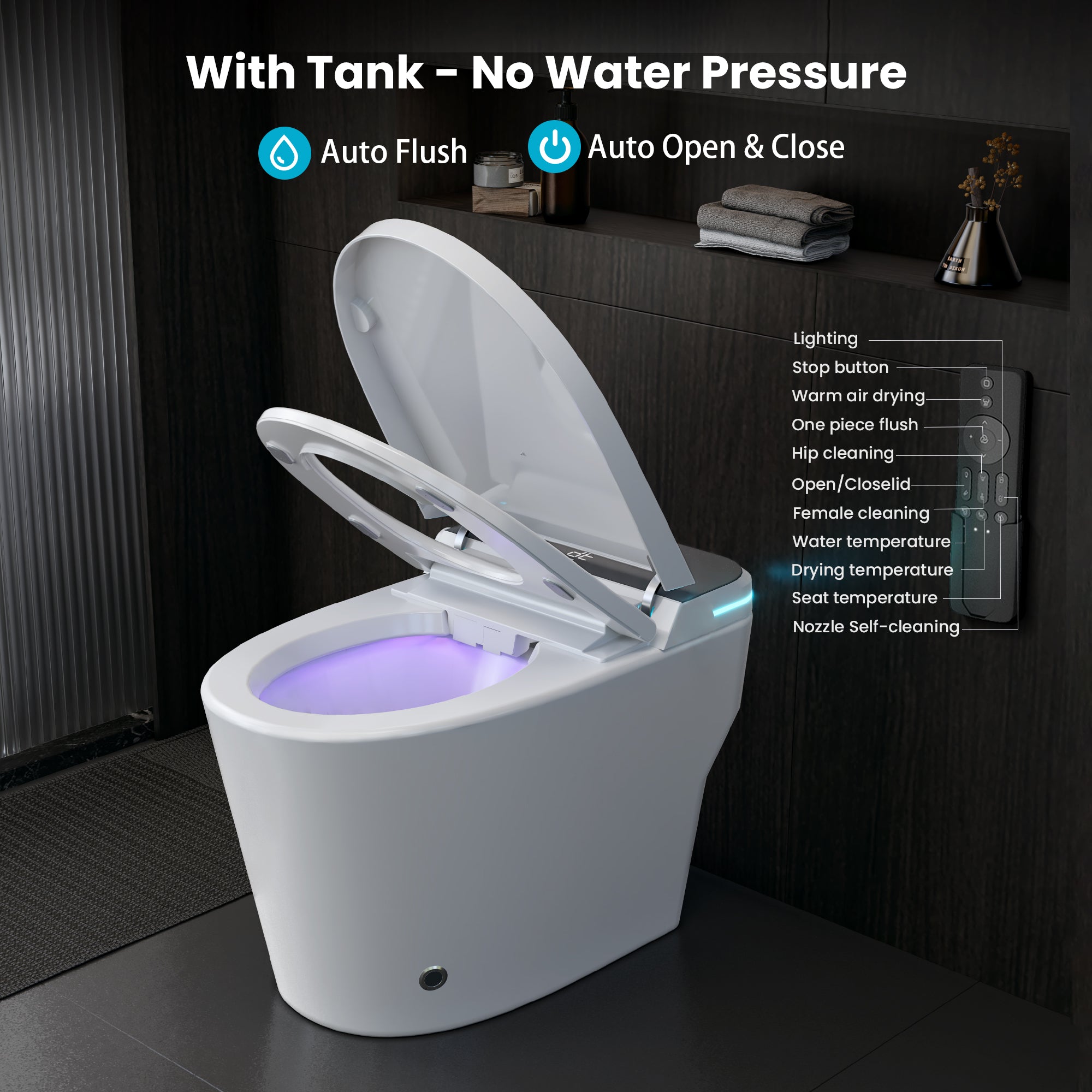 YULIKA-ST001 Radar Sensing Elongated Bidet Comfort Chair Height Floor Mounted Smart Toilet One-Piece Bidet Toilet with LED Screen(Seat Included)
