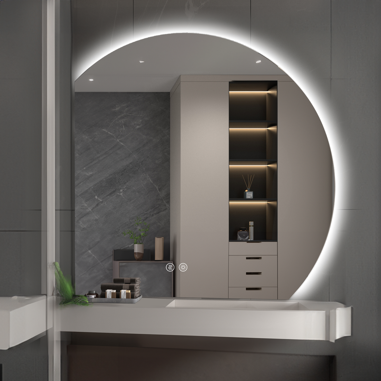 YULIKA Wall Mounted Dimmable Semicircular LED Mirror Anti-Fog Backlit Lighted Bathroom Vanity Mirror
