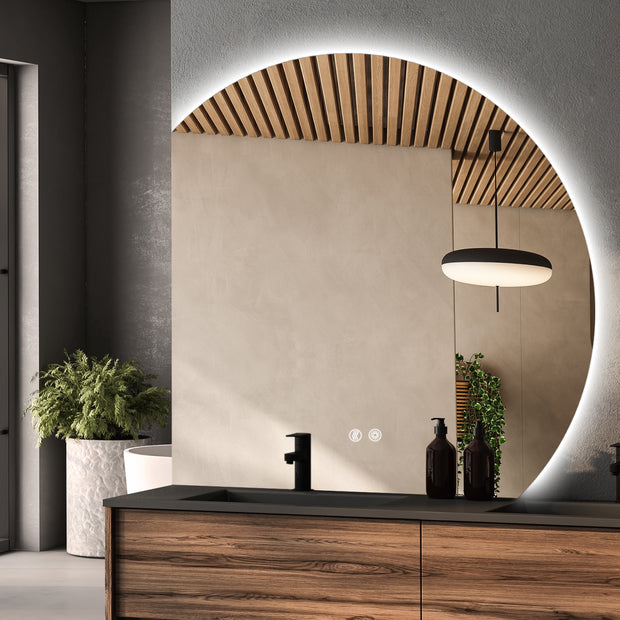 YULIKA Wall Mounted Dimmable Semicircular LED Mirror Anti-Fog Backlit Lighted Bathroom Vanity Mirror