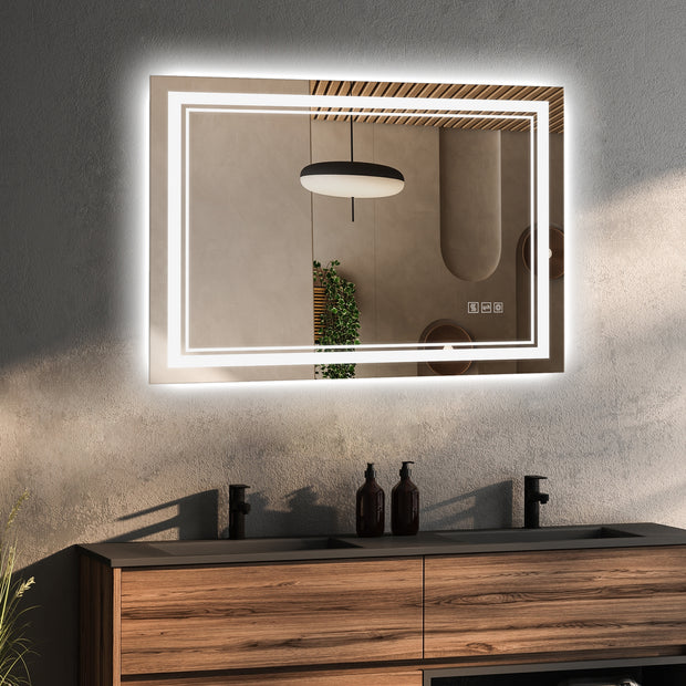YULIKA Front Light and Backlit Mirror Rectangular Frameless Anti-Fog Lighted Wall Bathroom Vanity Mirror