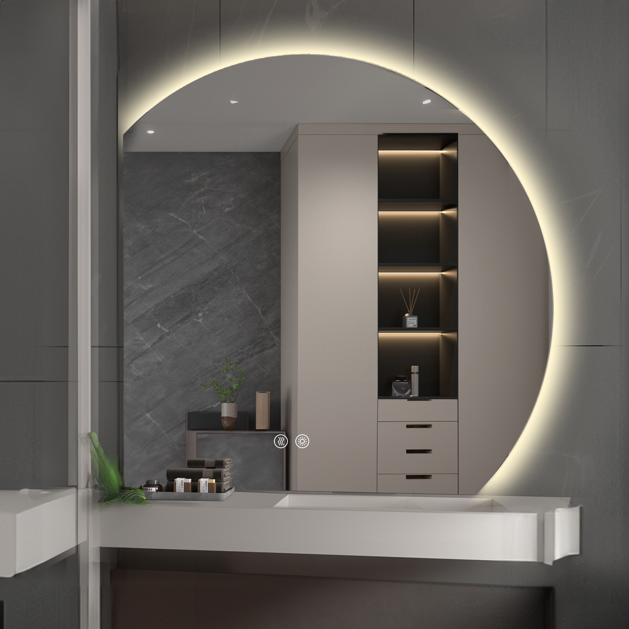 YULIKA Wall Mounted Dimmable Semicircular LED Mirror Anti-Fog Backlit Lighted Bathroom Vanity Mirror