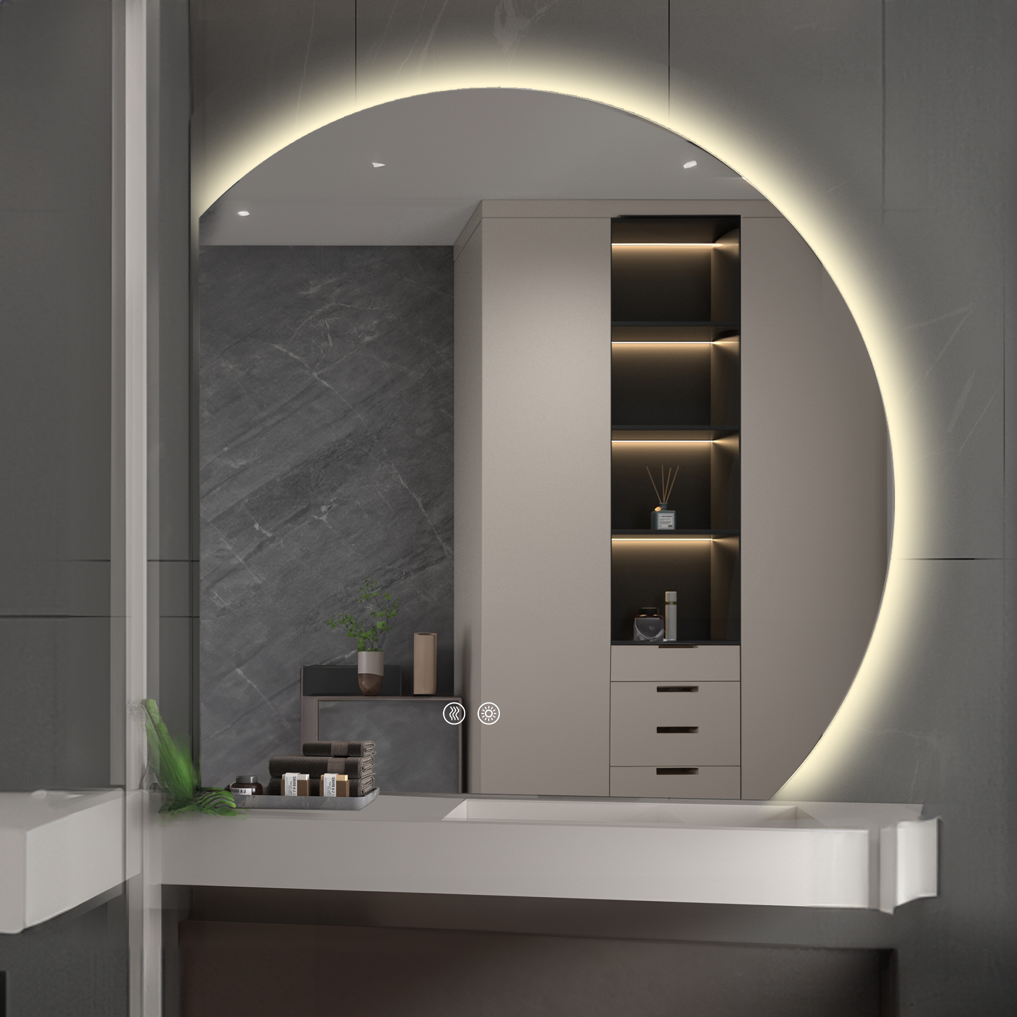 YULIKA Wall Mounted Dimmable Semicircular LED Mirror Anti-Fog Backlit Lighted Bathroom Vanity Mirror