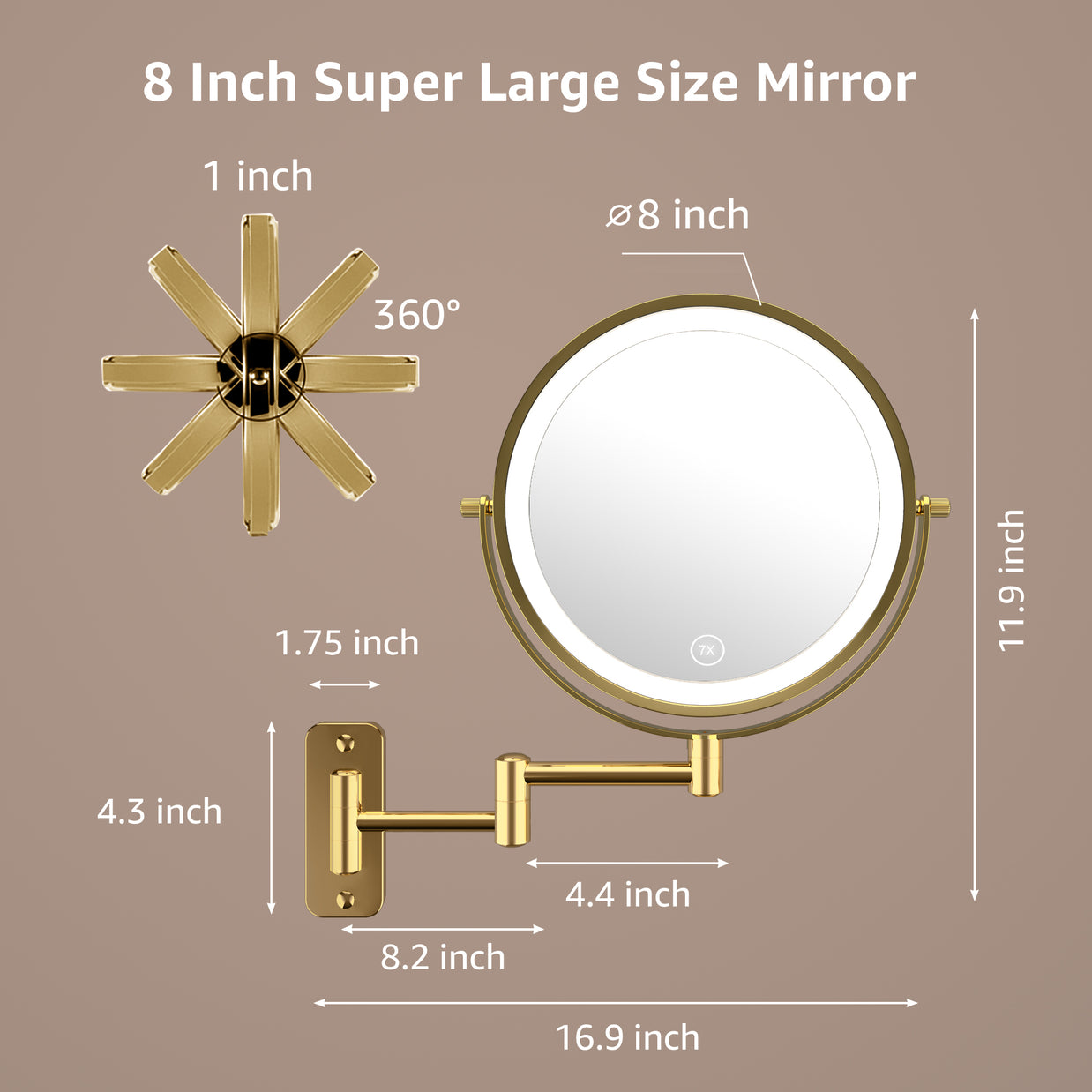 YULIKA Round Led Metal Wall Mirror 10x Magnification Makeup Mirror, Plug-In