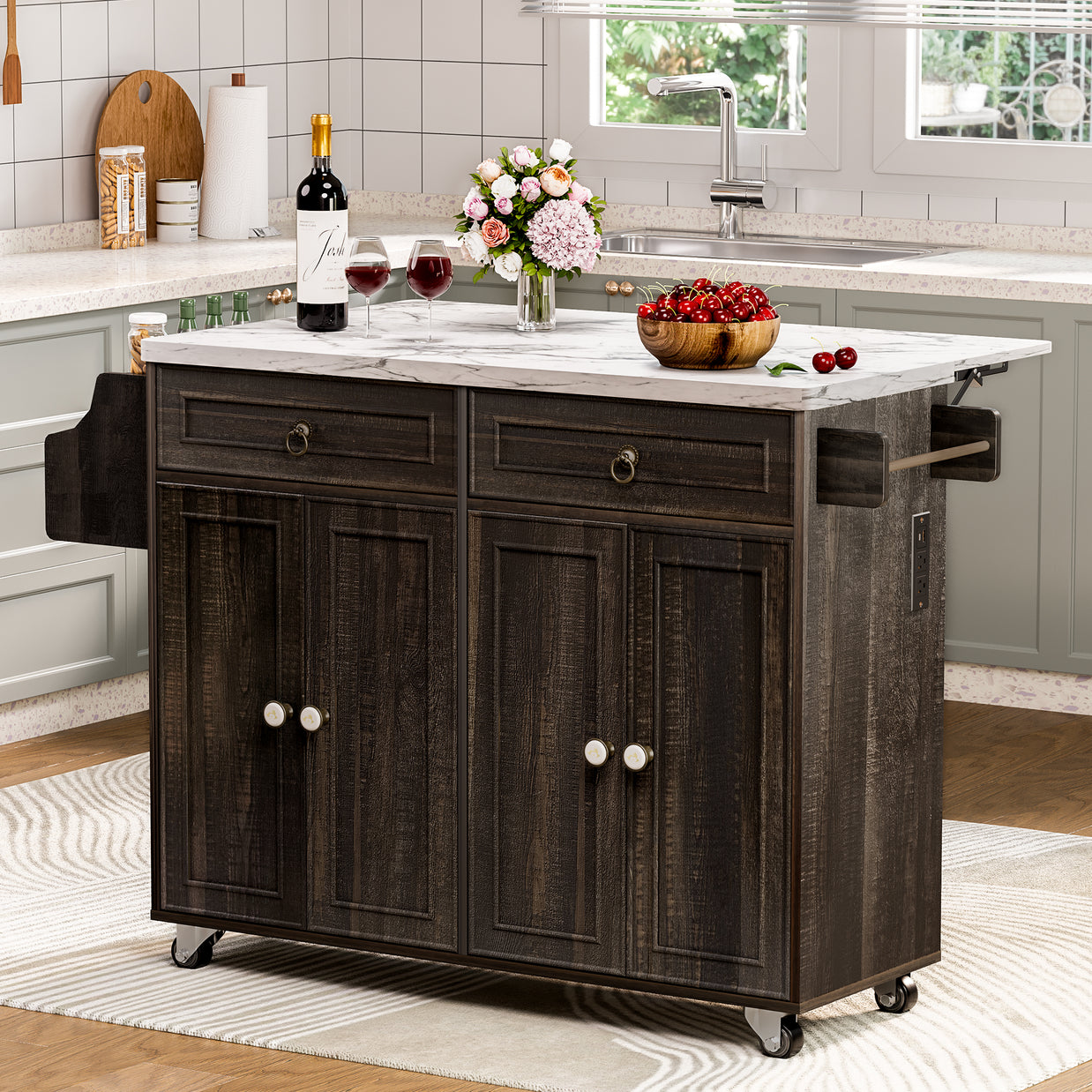 Farmhouse Rolling Kitchen Island with Drop-Leaf & Power Outlet