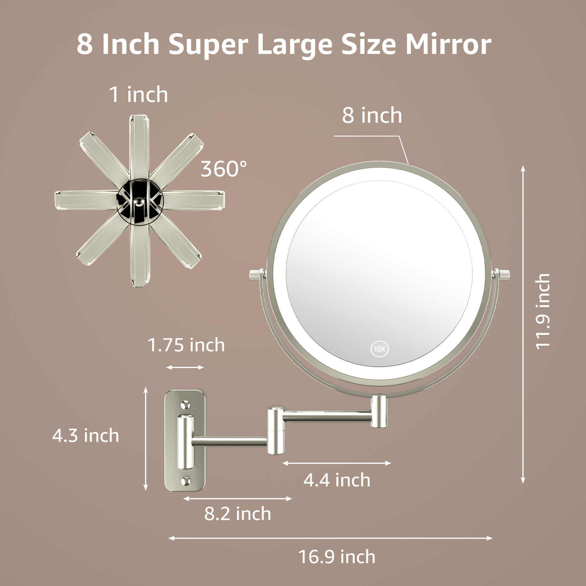 YULIKA Round Led Metal Wall Mirror 10x Magnification Makeup Mirror, Plug-In