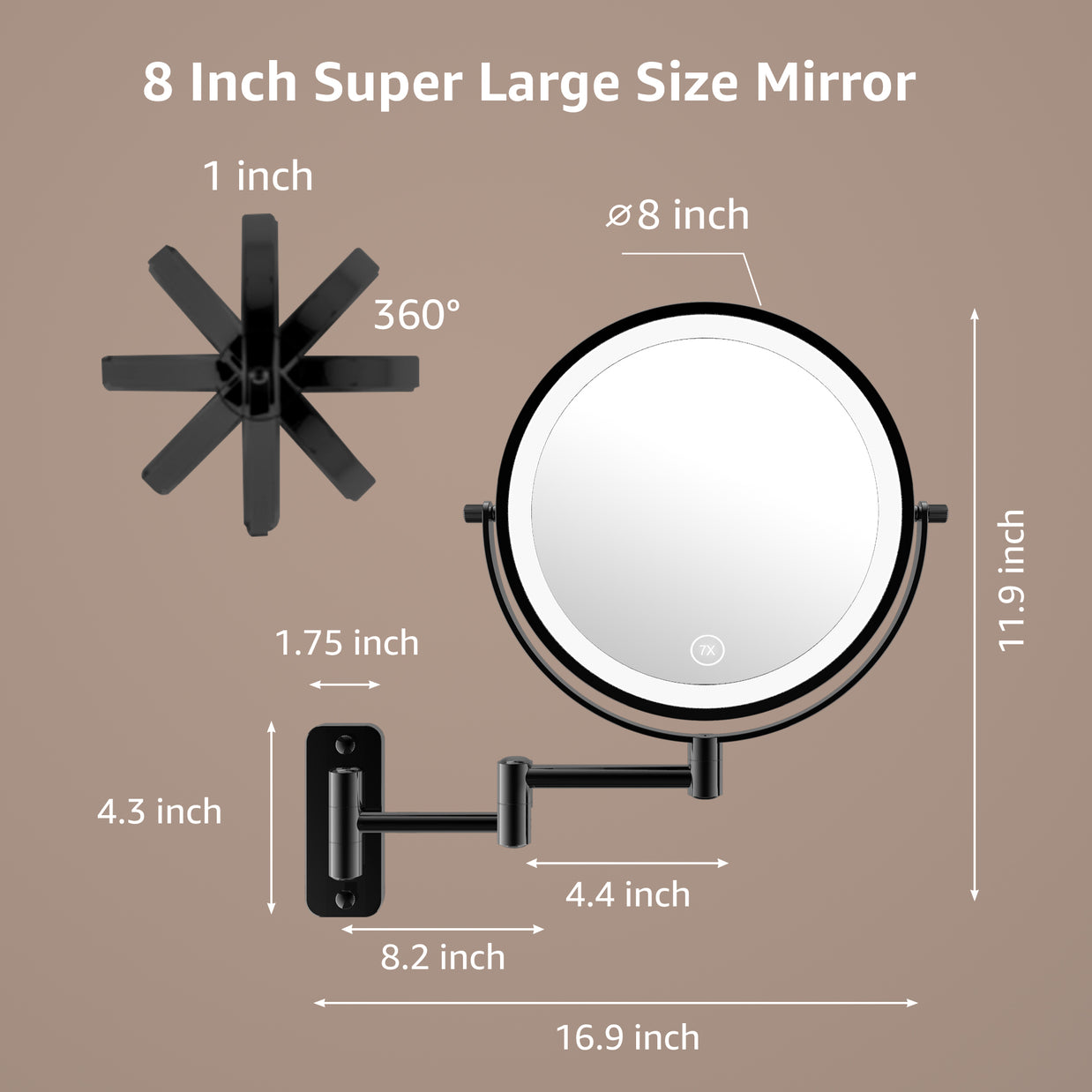 YULIKA Round Led Metal Wall Mirror 10x Magnification Makeup Mirror, Plug-In