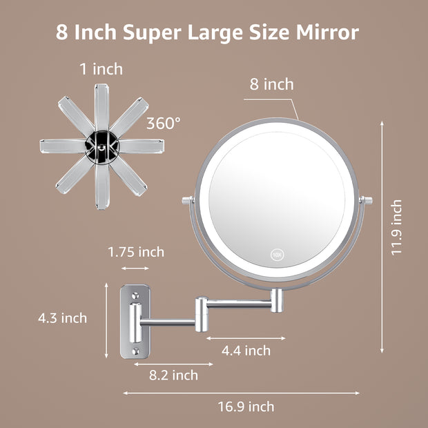 YULIKA Round Led Metal Wall Mirror 10x Magnification Makeup Mirror, Plug-In
