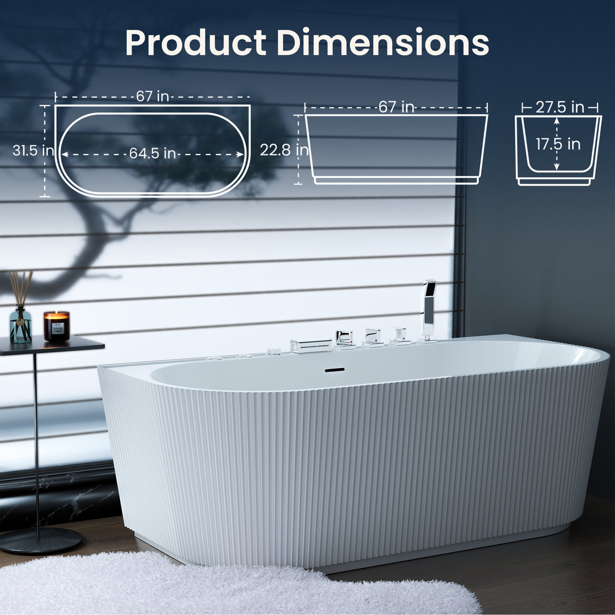 Freestanding Whirlpool Bathtub 67" x 31.5" – Acrylic Soaking Tub with Adjustable Massage Jets, 7-Color LED Lights & Faucet (BT520FL-WH)