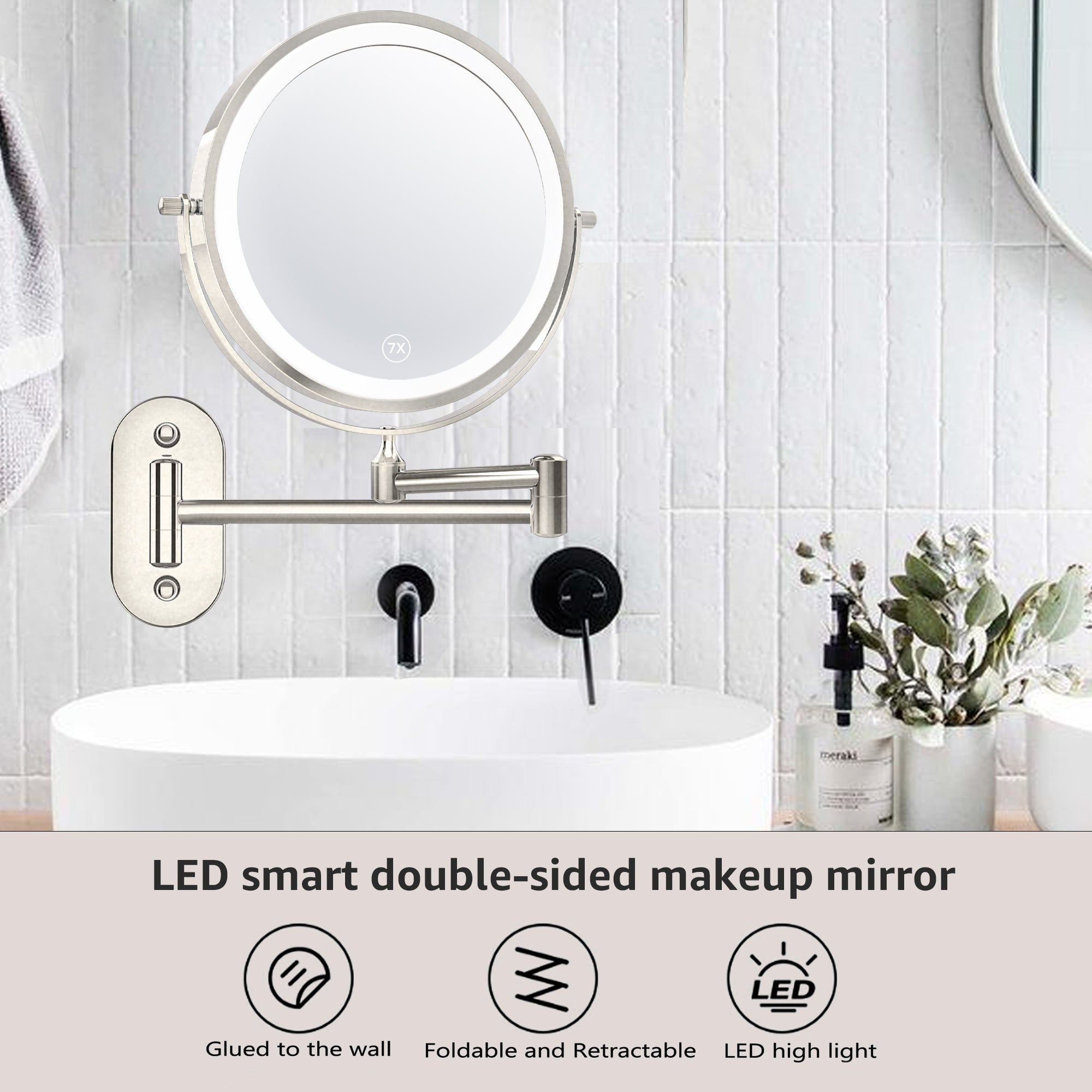 YULIKA Round LED Metal Wall Mirror with 10x Magnification & Charging Function ¨C Makeup Mirror