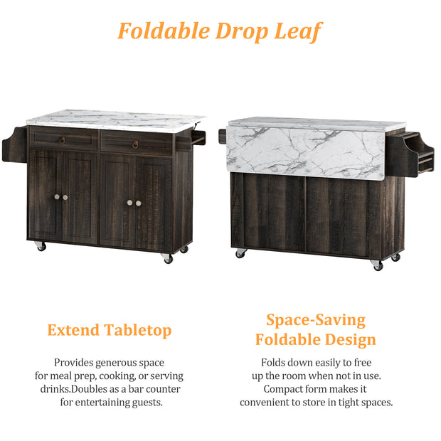 Farmhouse Rolling Kitchen Island with Drop-Leaf & Power Outlet