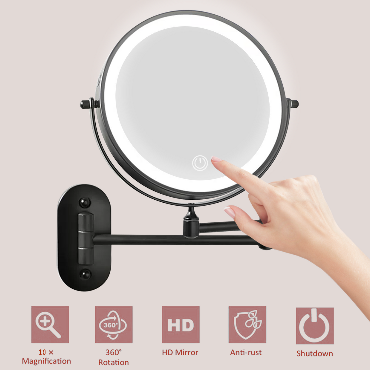 YULIKA Round LED Metal Wall Mirror with 10x Magnification & Charging Function ¨C Makeup Mirror