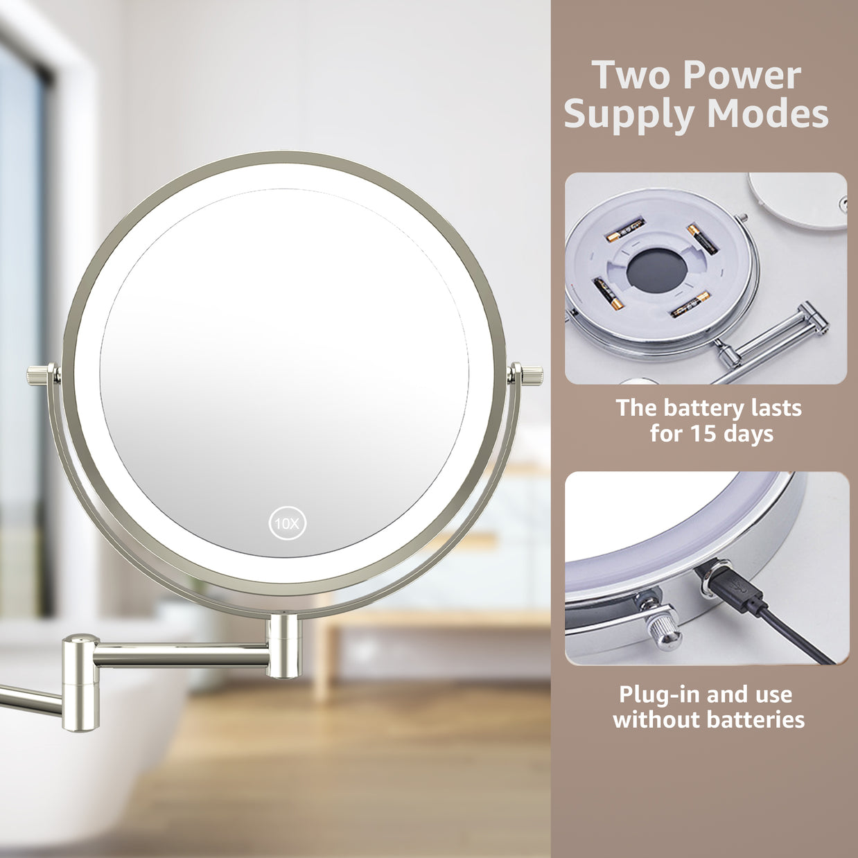 YULIKA Round Led Metal Wall Mirror 10x Magnification Makeup Mirror, Plug-In