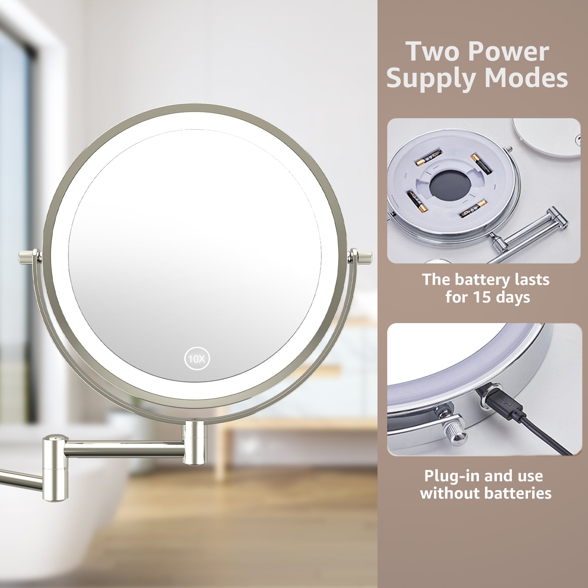 YULIKA Round Led Metal Wall Mirror 10x Magnification Makeup Mirror, Plug-In