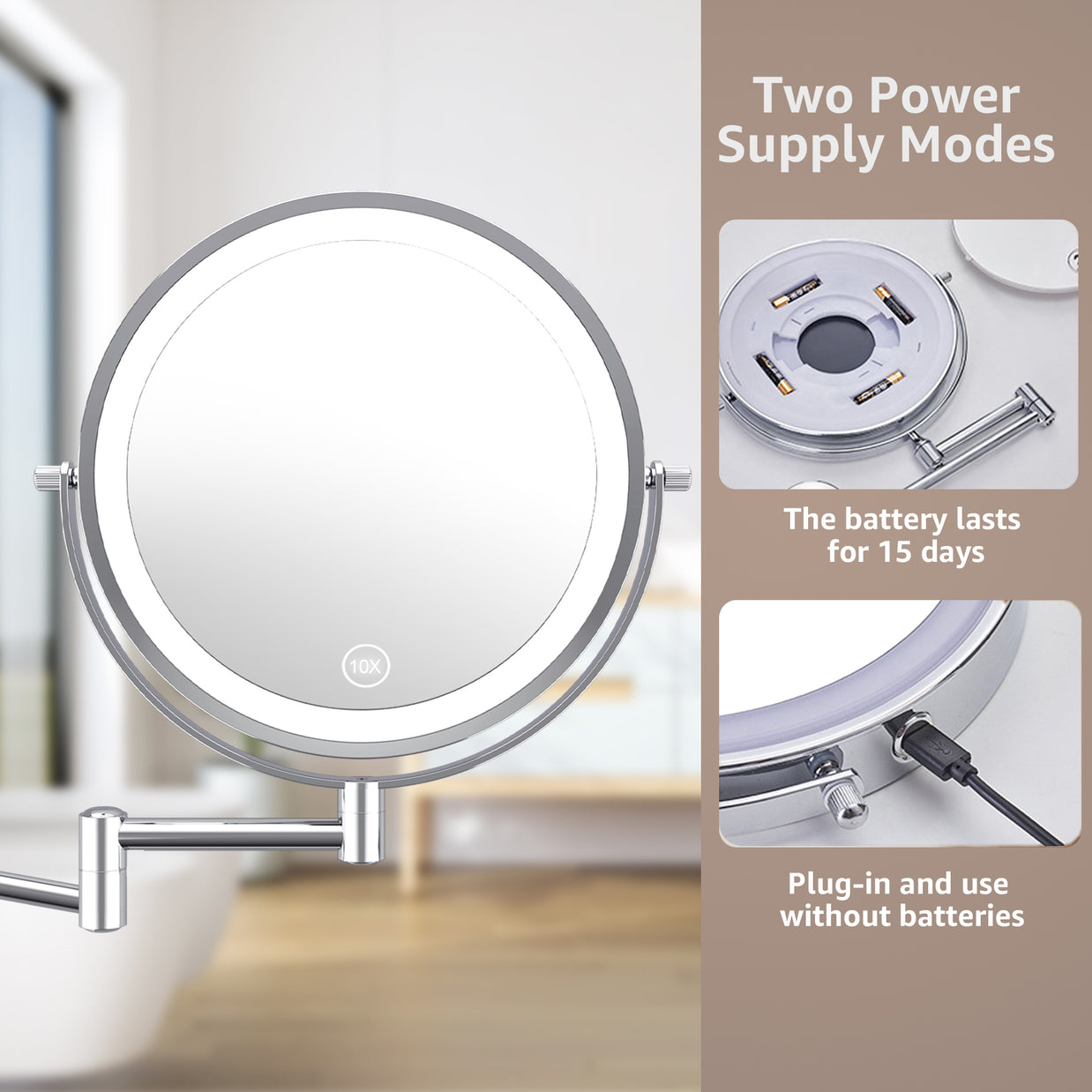 YULIKA Round Led Metal Wall Mirror 10x Magnification Makeup Mirror, Plug-In