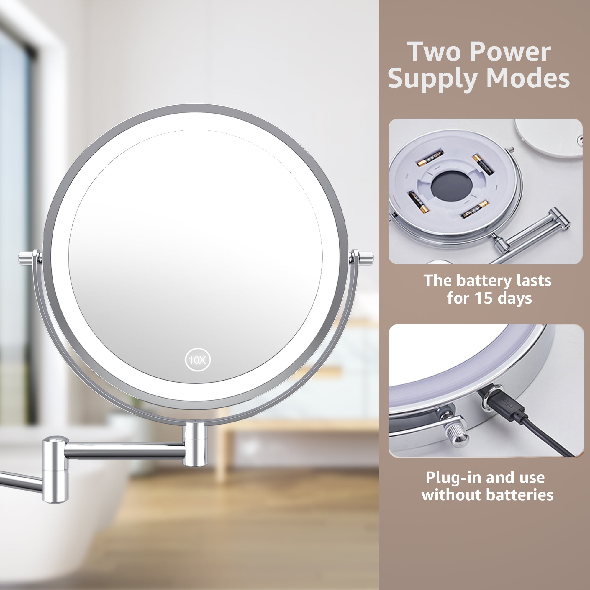 YULIKA Round Led Metal Wall Mirror 10x Magnification Makeup Mirror, Plug-In