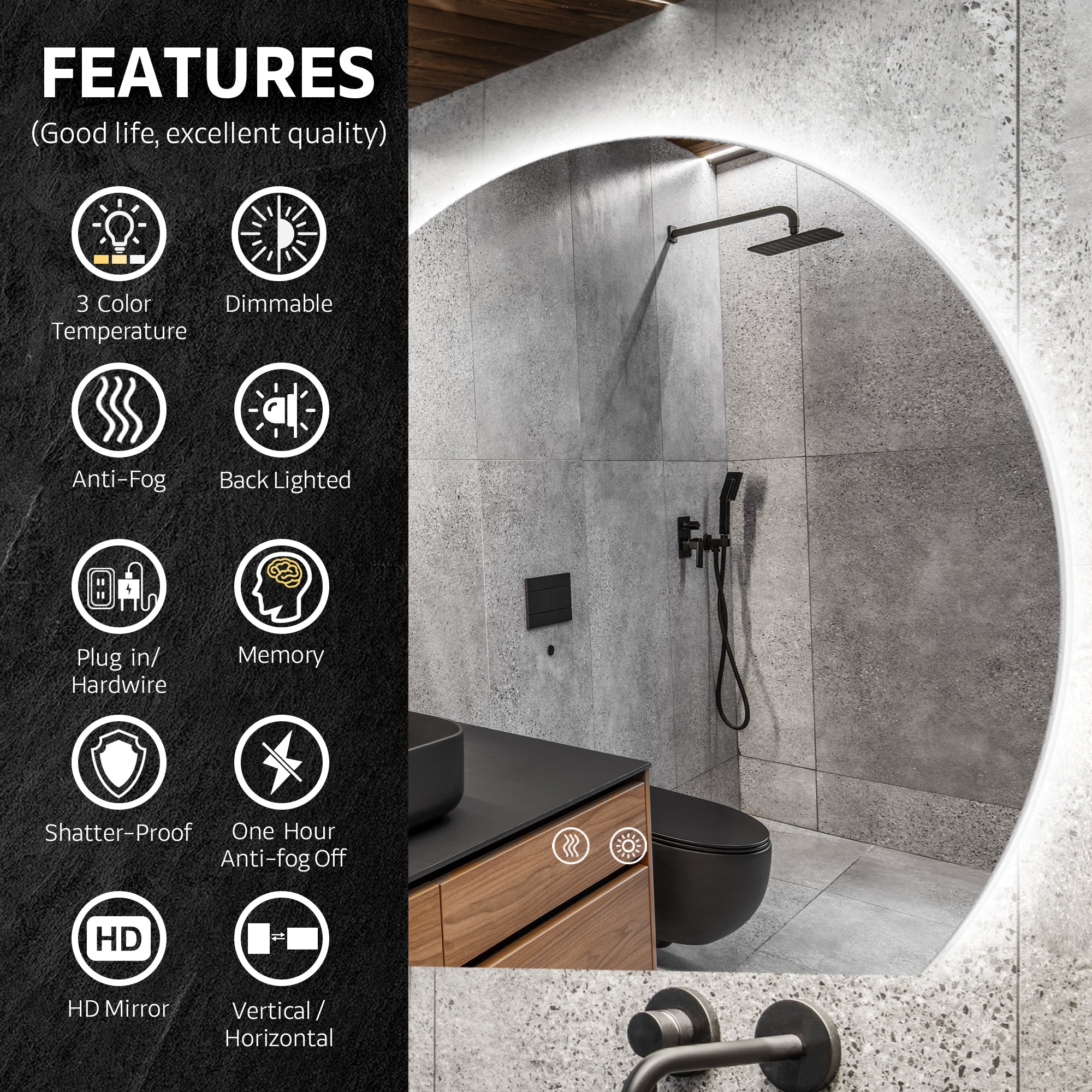 YULIKA Wall Mounted Dimmable Semicircular LED Mirror Anti-Fog Backlit Lighted Bathroom Vanity Mirror