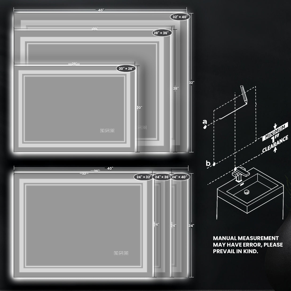 YULIKA Front Light and Backlit Mirror Rectangular Frameless Anti-Fog Lighted Wall Bathroom Vanity Mirror