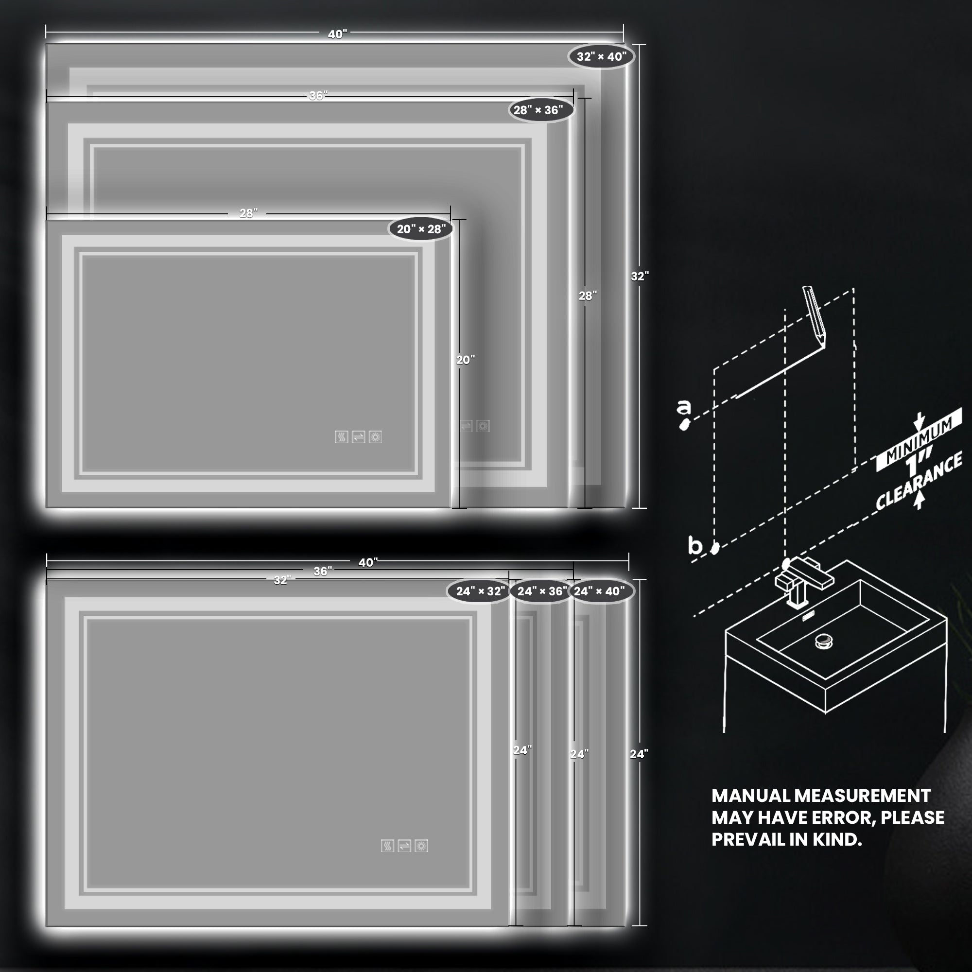 YULIKA Front Light and Backlit Mirror Rectangular Frameless Anti-Fog Lighted Wall Bathroom Vanity Mirror