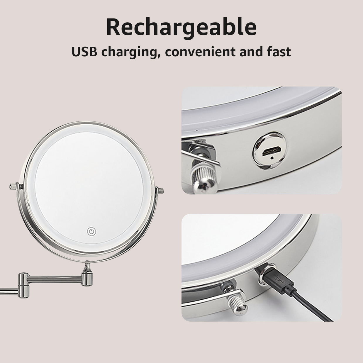 YULIKA Round LED Metal Wall Mirror with 10x Magnification & Charging Function ¨C Makeup Mirror