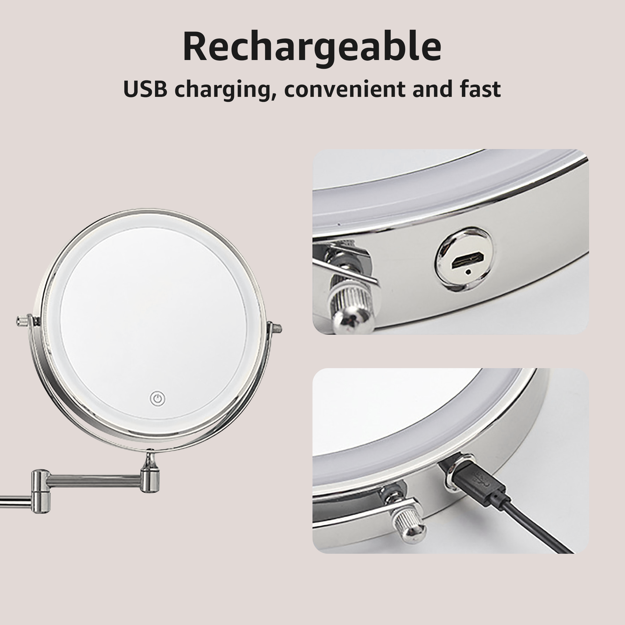 YULIKA Round LED Metal Wall Mirror with 10x Magnification & Charging Function ¨C Makeup Mirror