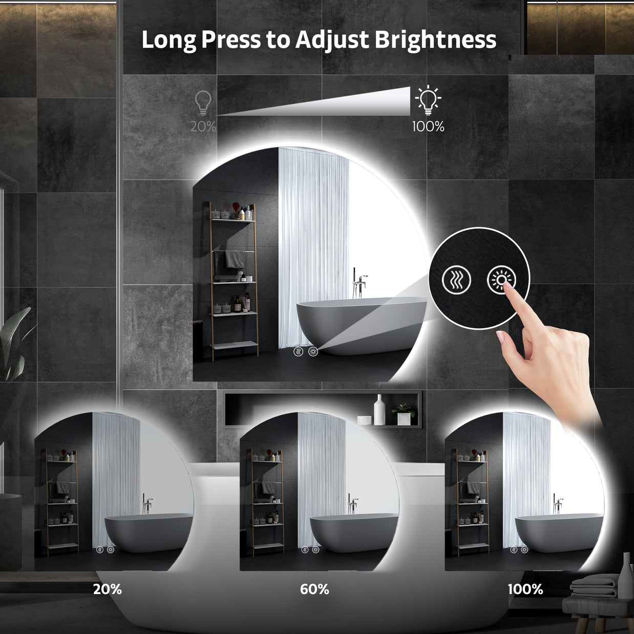 YULIKA Wall Mounted Dimmable Semicircular LED Mirror Anti-Fog Backlit Lighted Bathroom Vanity Mirror