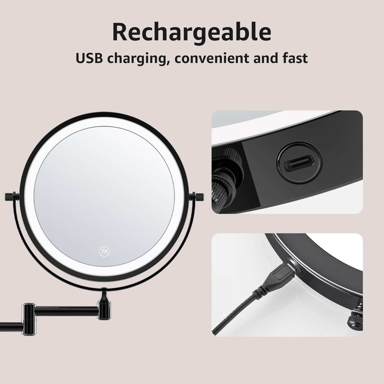 YULIKA Round LED Metal Wall Mirror with 10x Magnification & Charging Function ¨C Makeup Mirror