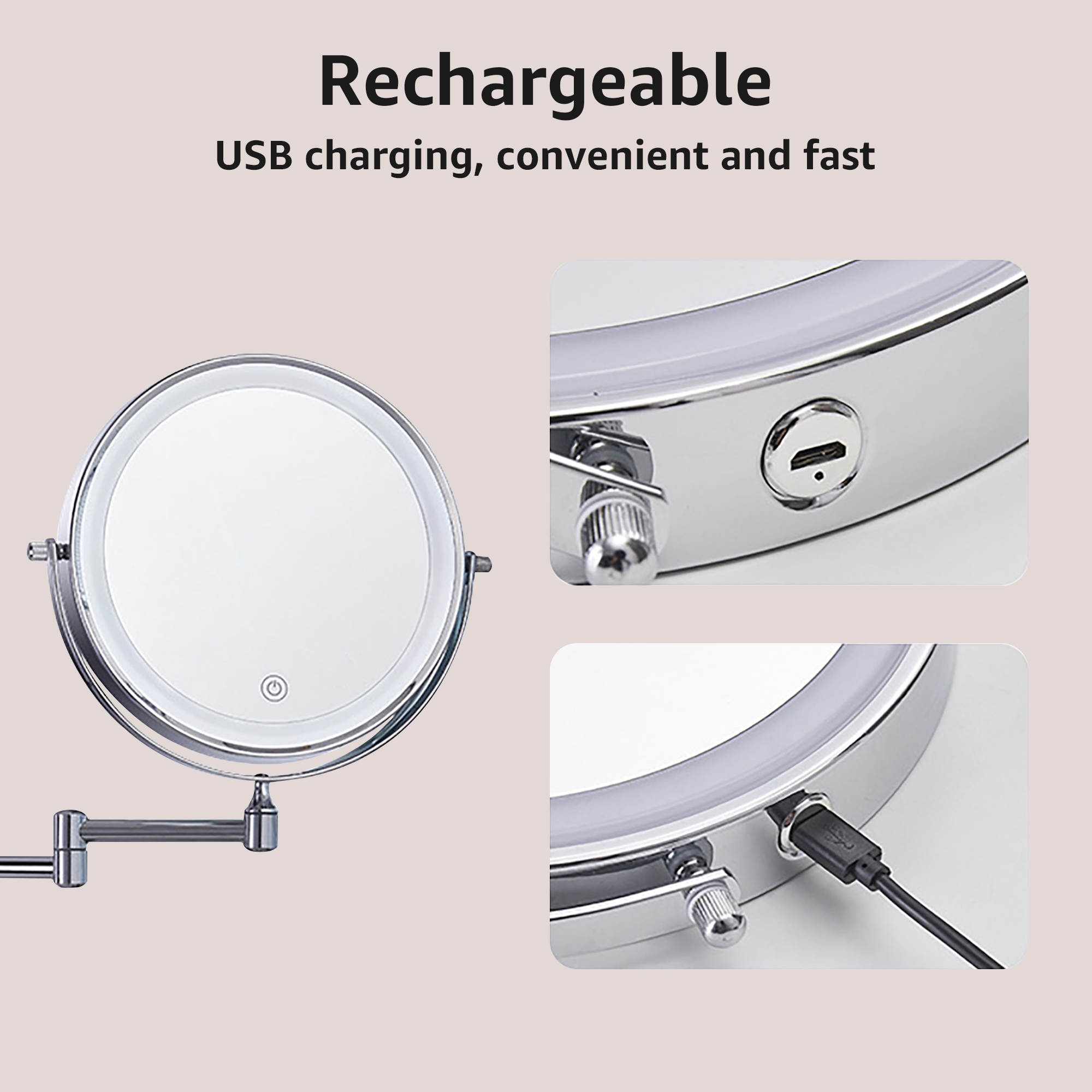 YULIKA Round LED Metal Wall Mirror with 10x Magnification & Charging Function ¨C Makeup Mirror