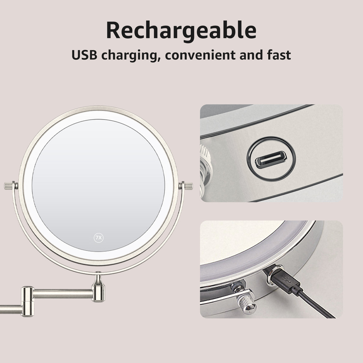 YULIKA Round LED Metal Wall Mirror with 10x Magnification & Charging Function ¨C Makeup Mirror