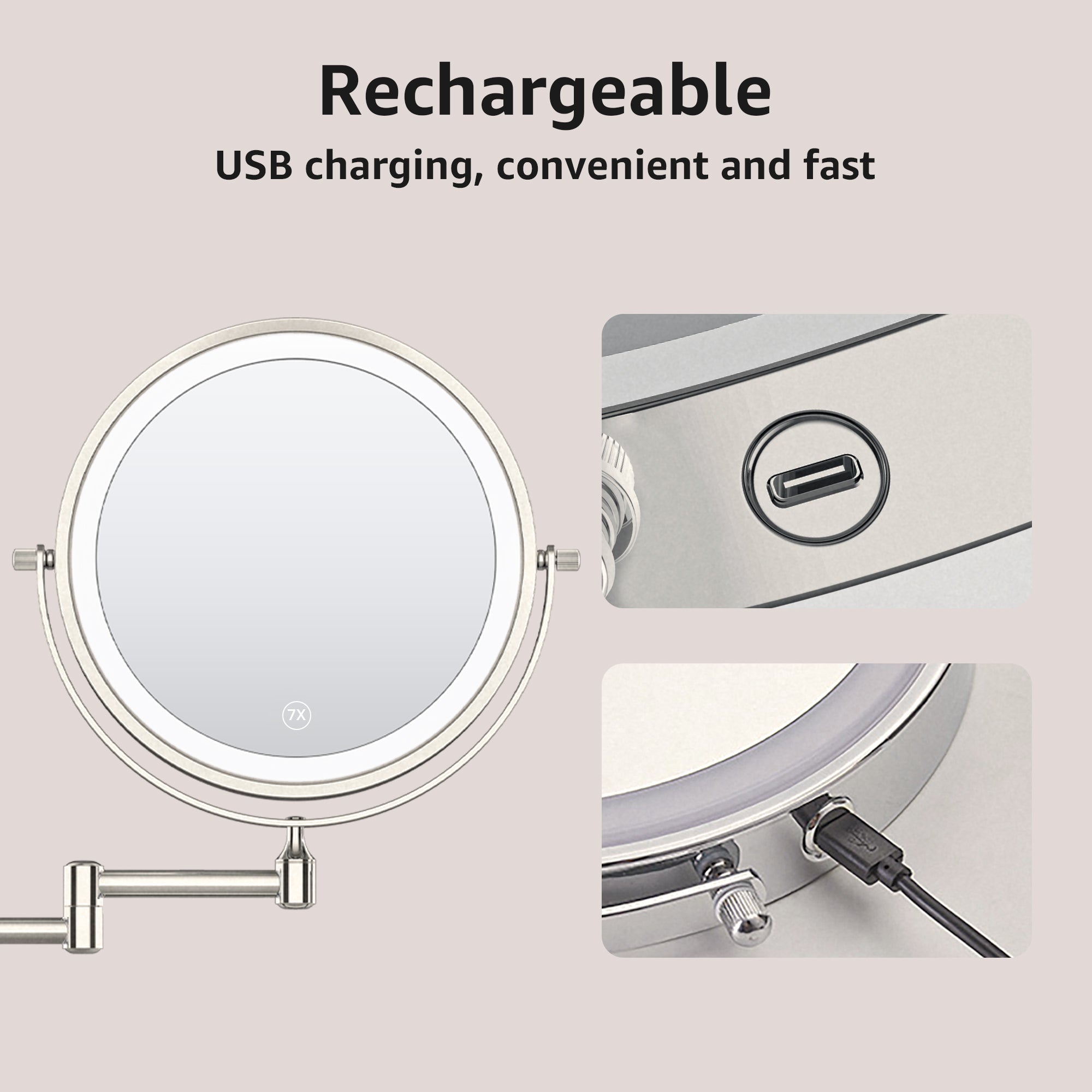 YULIKA Round LED Metal Wall Mirror with 10x Magnification & Charging Function ¨C Makeup Mirror