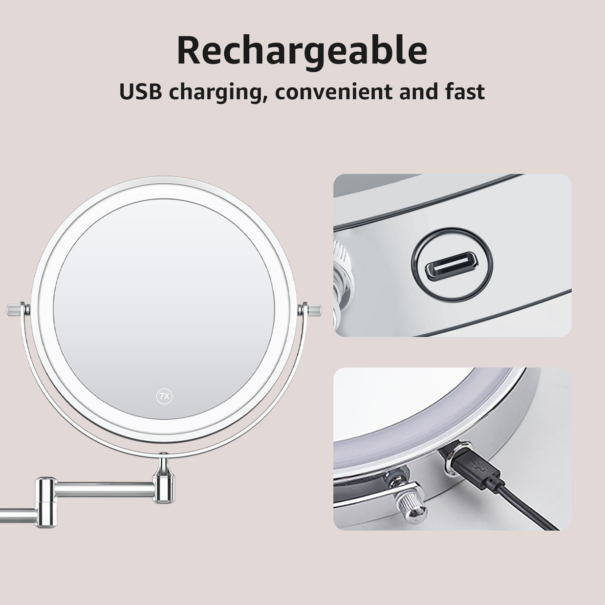 YULIKA Round LED Metal Wall Mirror with 10x Magnification & Charging Function ¨C Makeup Mirror