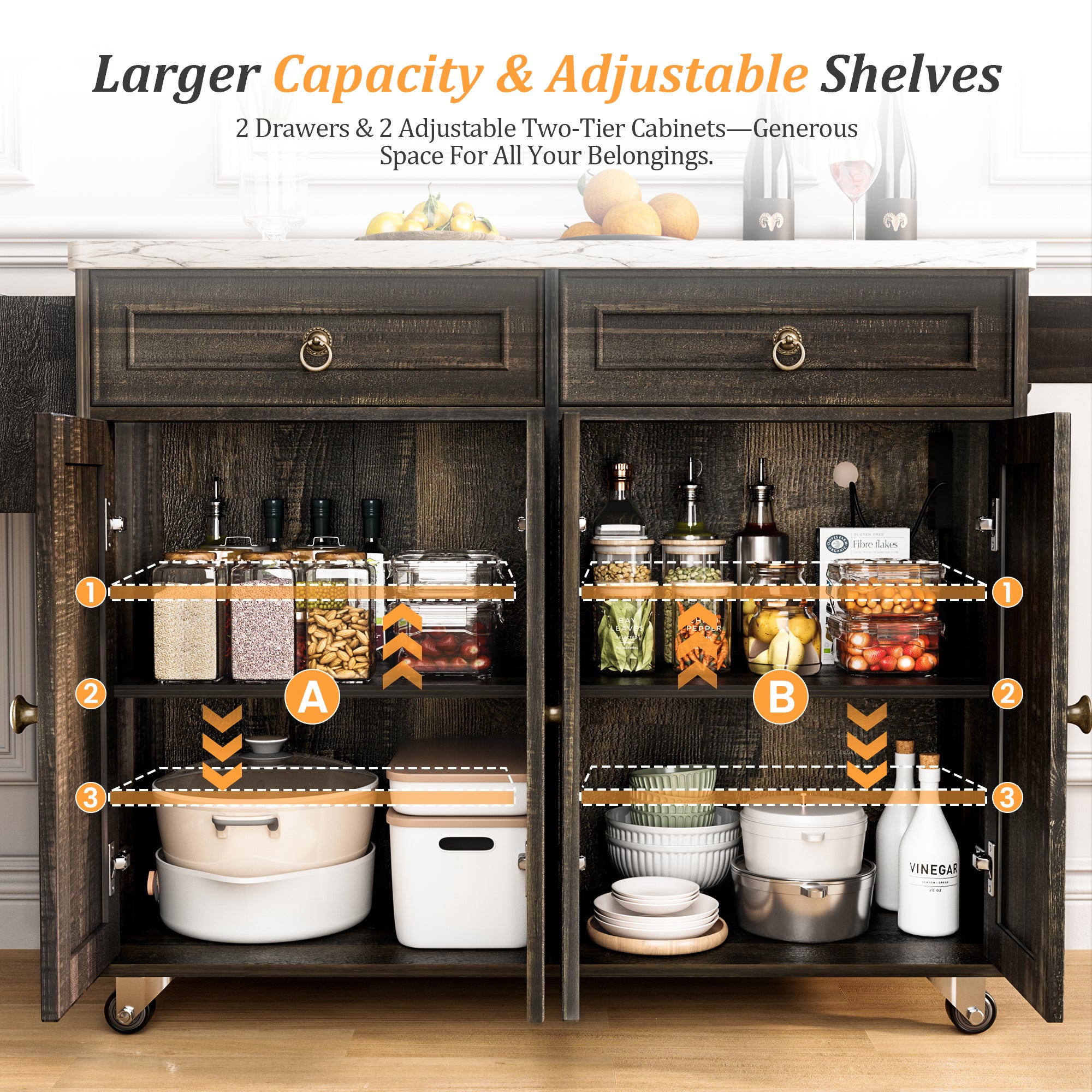 Farmhouse Rolling Kitchen Island with Drop-Leaf & Power Outlet