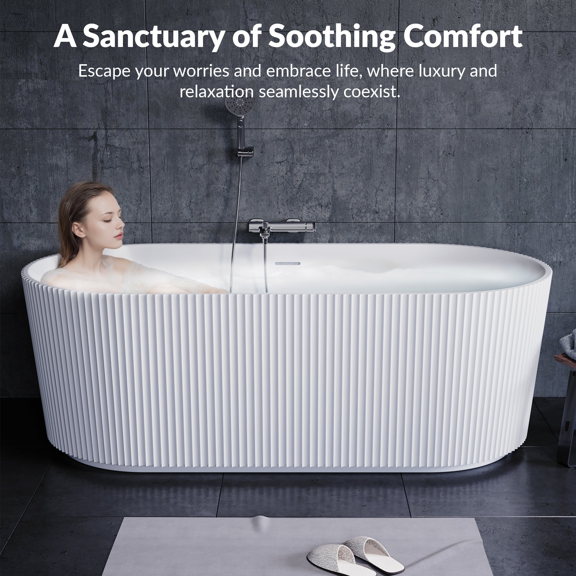 YULIKA Large Capacity Freestanding Acrylic Bathtub with Striped Design