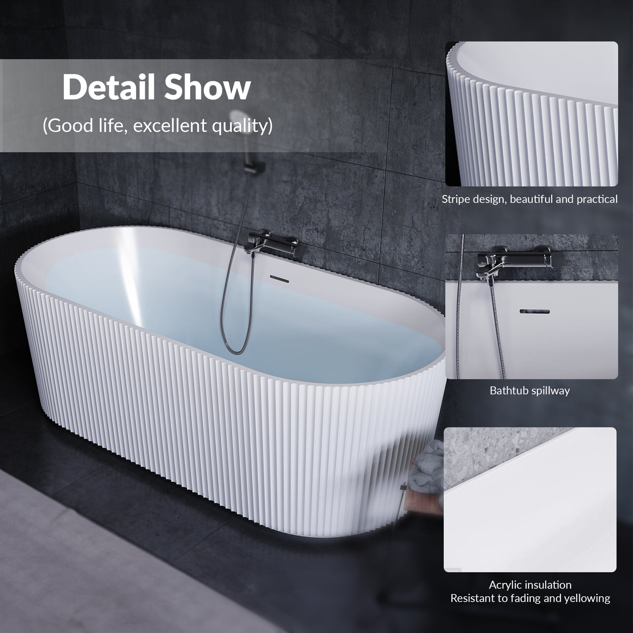 YULIKA Large Capacity Freestanding Acrylic Bathtub with Striped Design