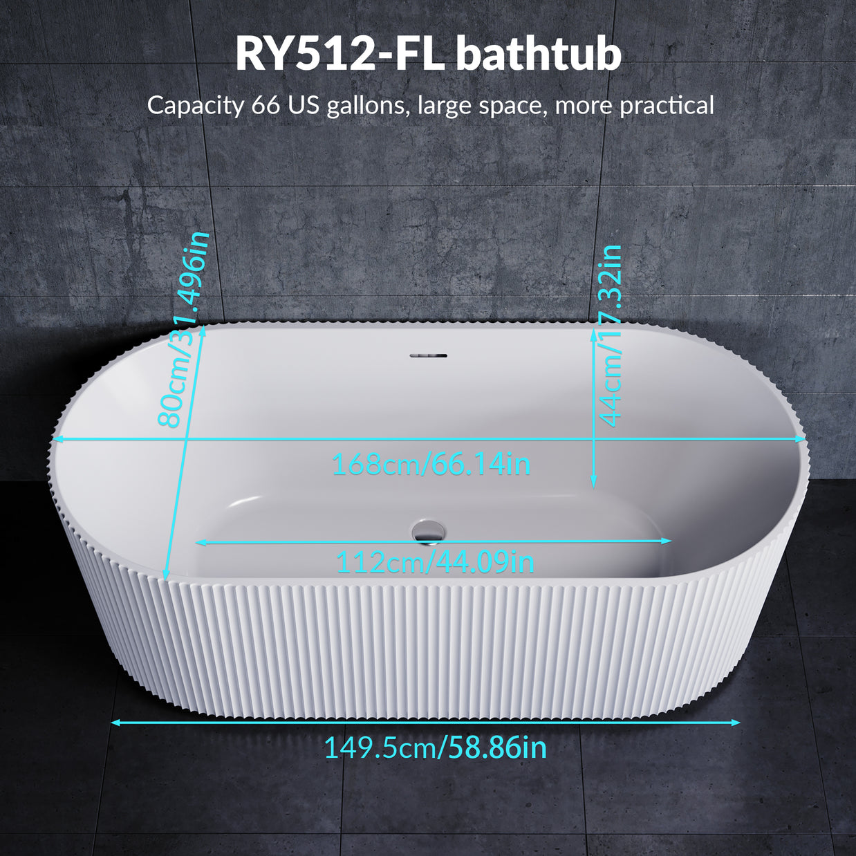 YULIKA Large Capacity Freestanding Acrylic Bathtub with Striped Design