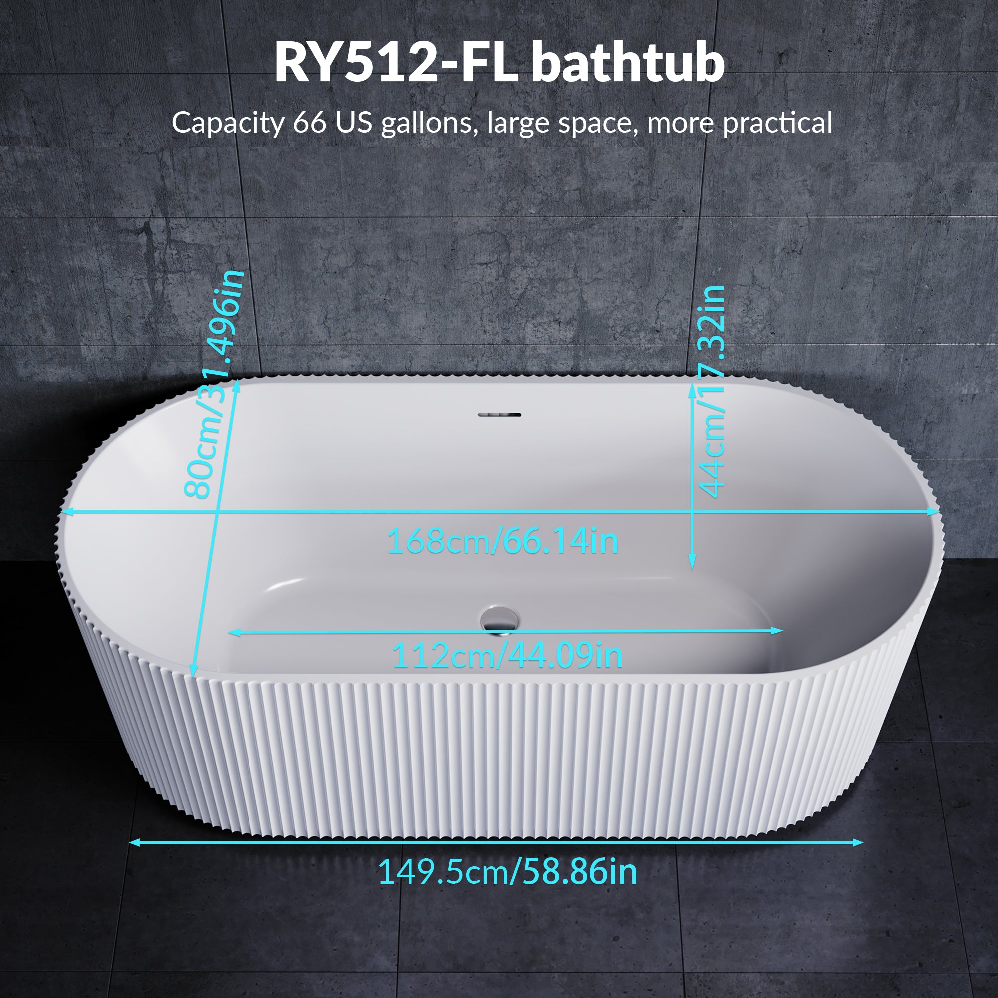 YULIKA Large Capacity Freestanding Acrylic Bathtub with Striped Design