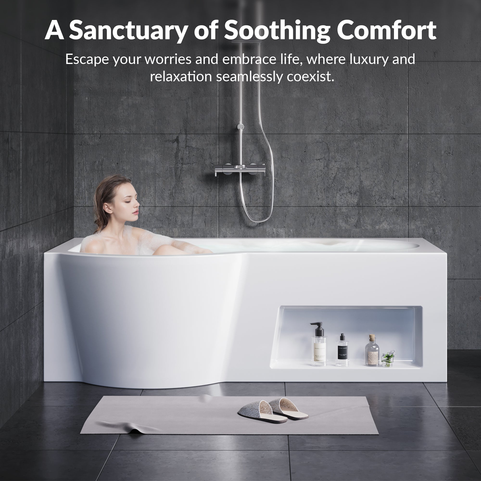 YULIKA 59.06 in x 33.46 in Freestanding Soaking Solid Surface Acrylic Bathtub with Ergonomic Design