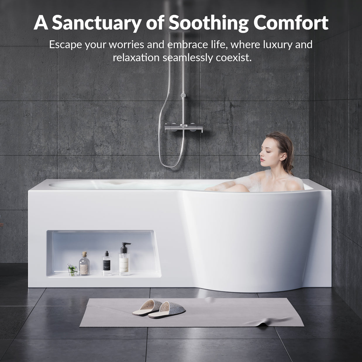 YULIKA 59.06 in x 33.46 in Freestanding Soaking Solid Surface Acrylic Bathtub with Ergonomic Design, Nano-Glass Water-Repellent Feature