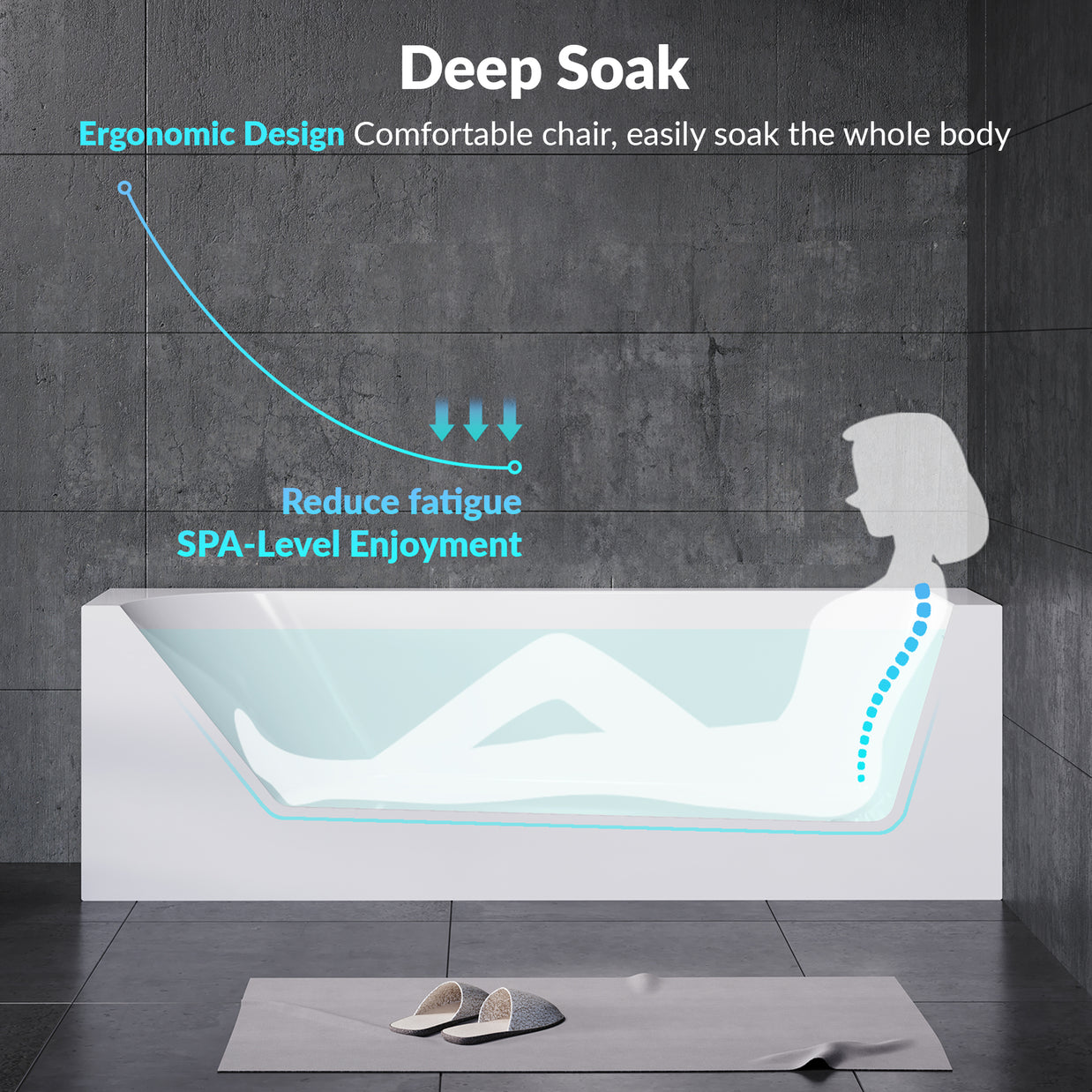 YULIKA 59.06 in x 33.46 in Freestanding Soaking Solid Surface Acrylic Bathtub with Ergonomic Design