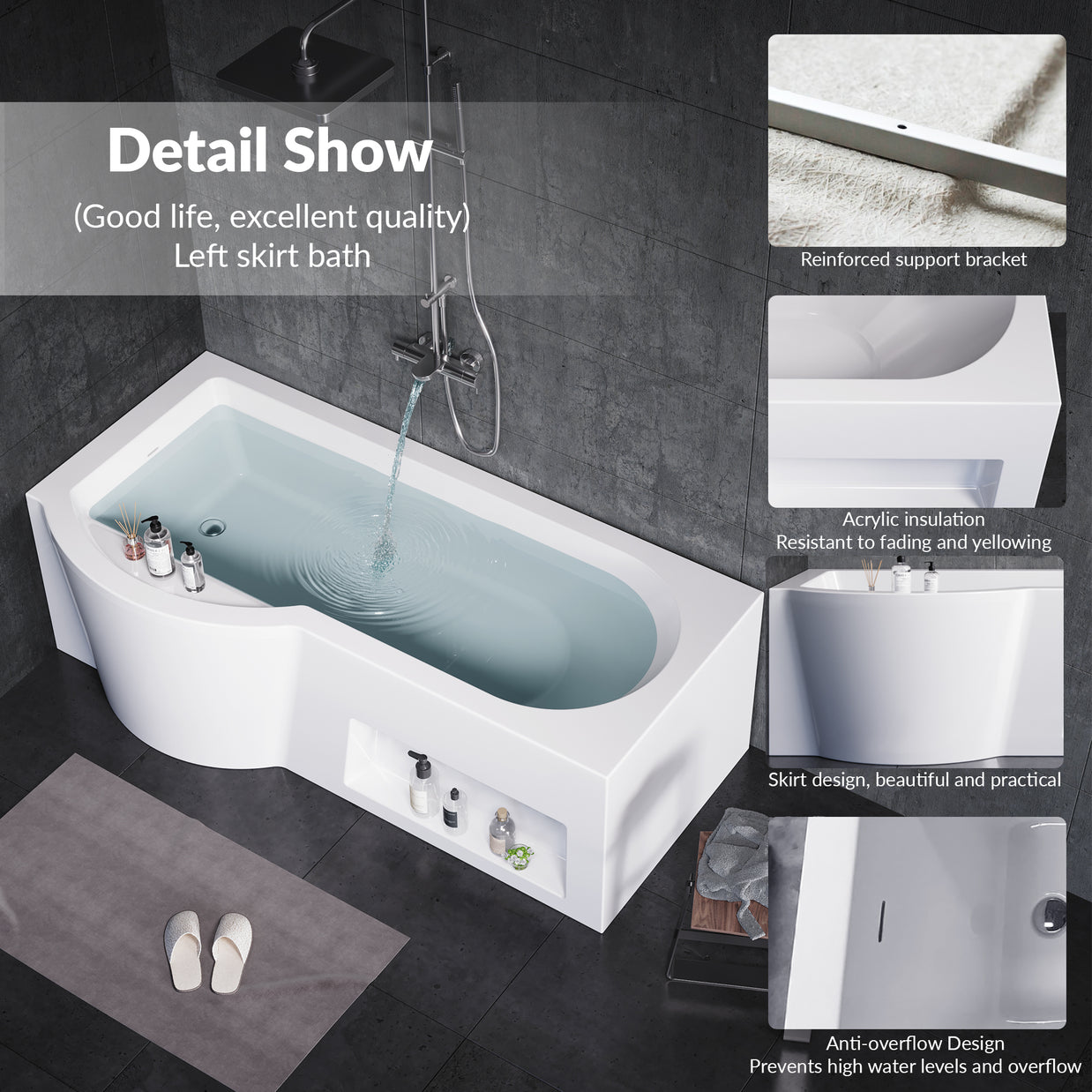 YULIKA 59.06 in x 33.46 in Freestanding Soaking Solid Surface Acrylic Bathtub with Ergonomic Design
