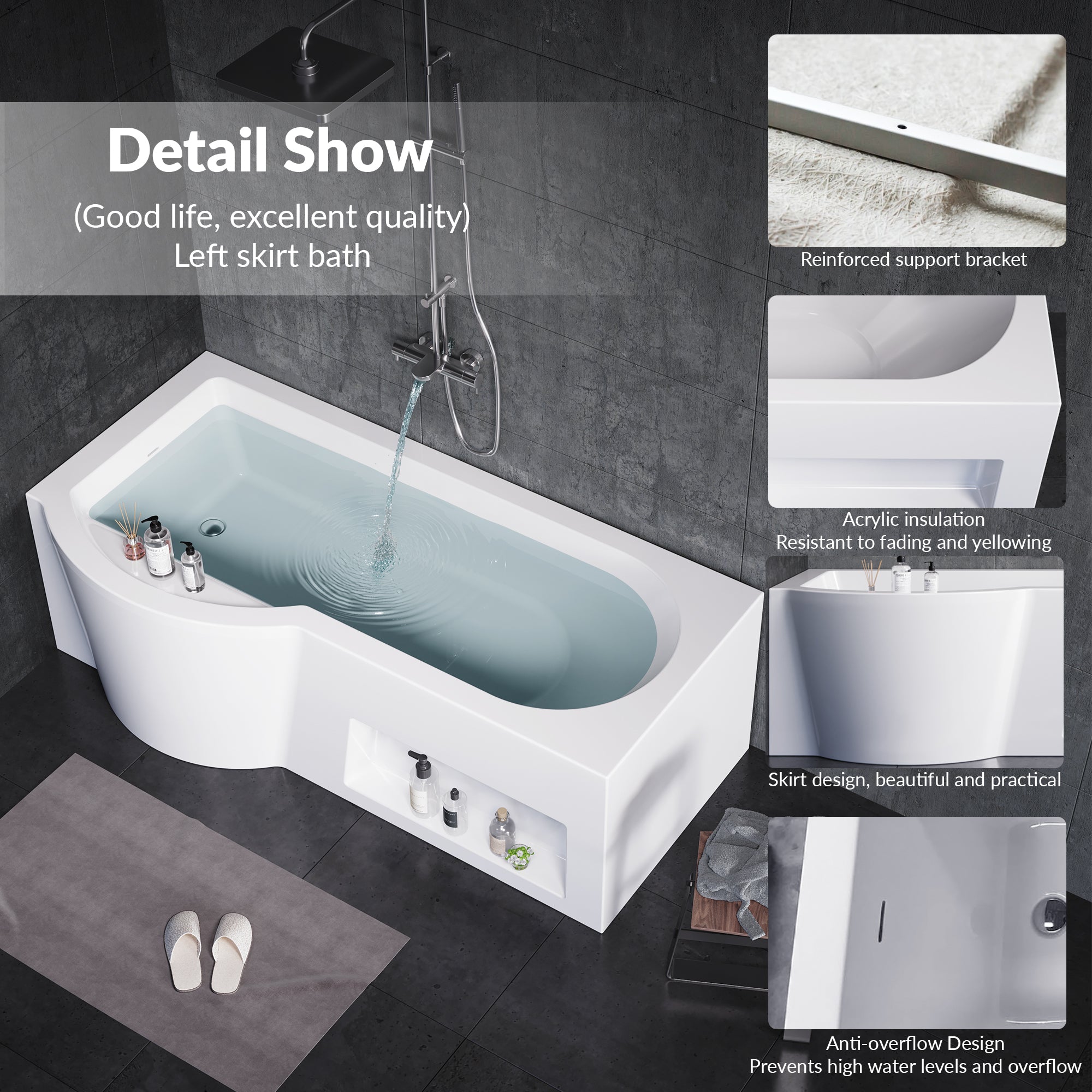 YULIKA 59.06 in x 33.46 in Freestanding Soaking Solid Surface Acrylic Bathtub with Ergonomic Design