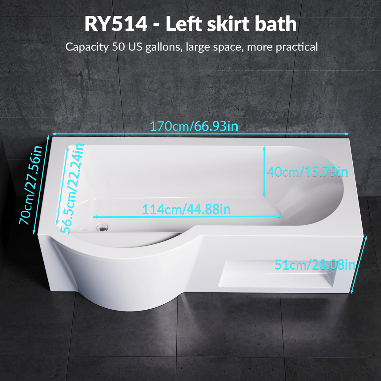 YULIKA 59.06 in x 33.46 in Freestanding Soaking Solid Surface Acrylic Bathtub with Ergonomic Design