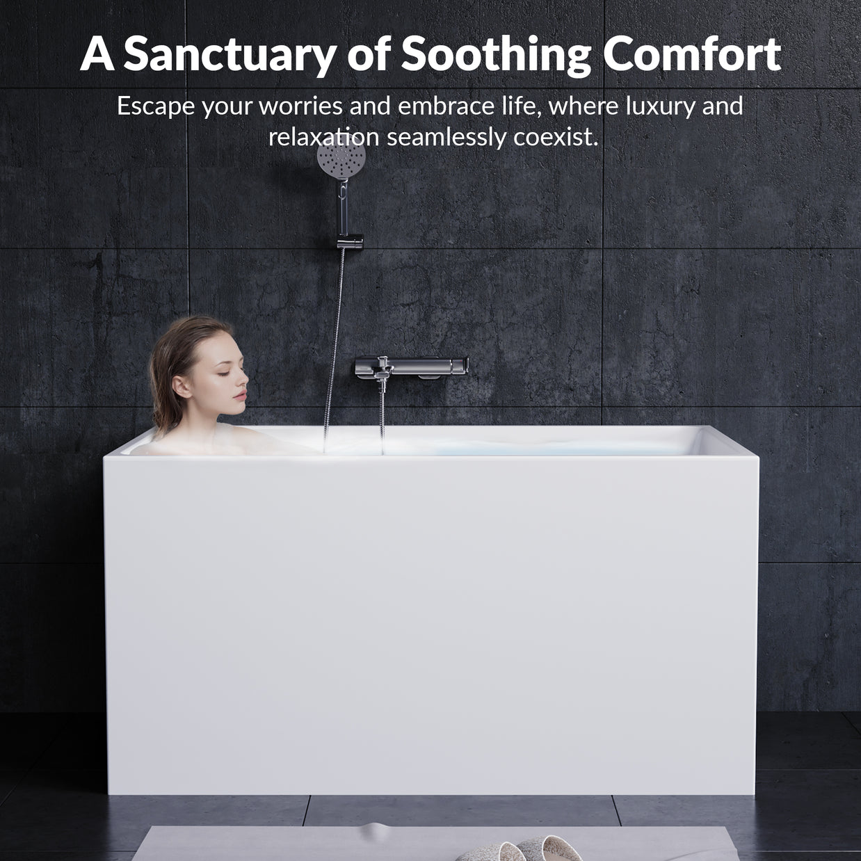 YULIKA Freestanding Acrylic Bathtub with Built-In Seat, Large Capacity for Small Spaces & Deep Soaking