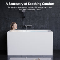 YULIKA Freestanding Acrylic Bathtub with Built-In Seat, Large Capacity for Small Spaces & Deep Soaking