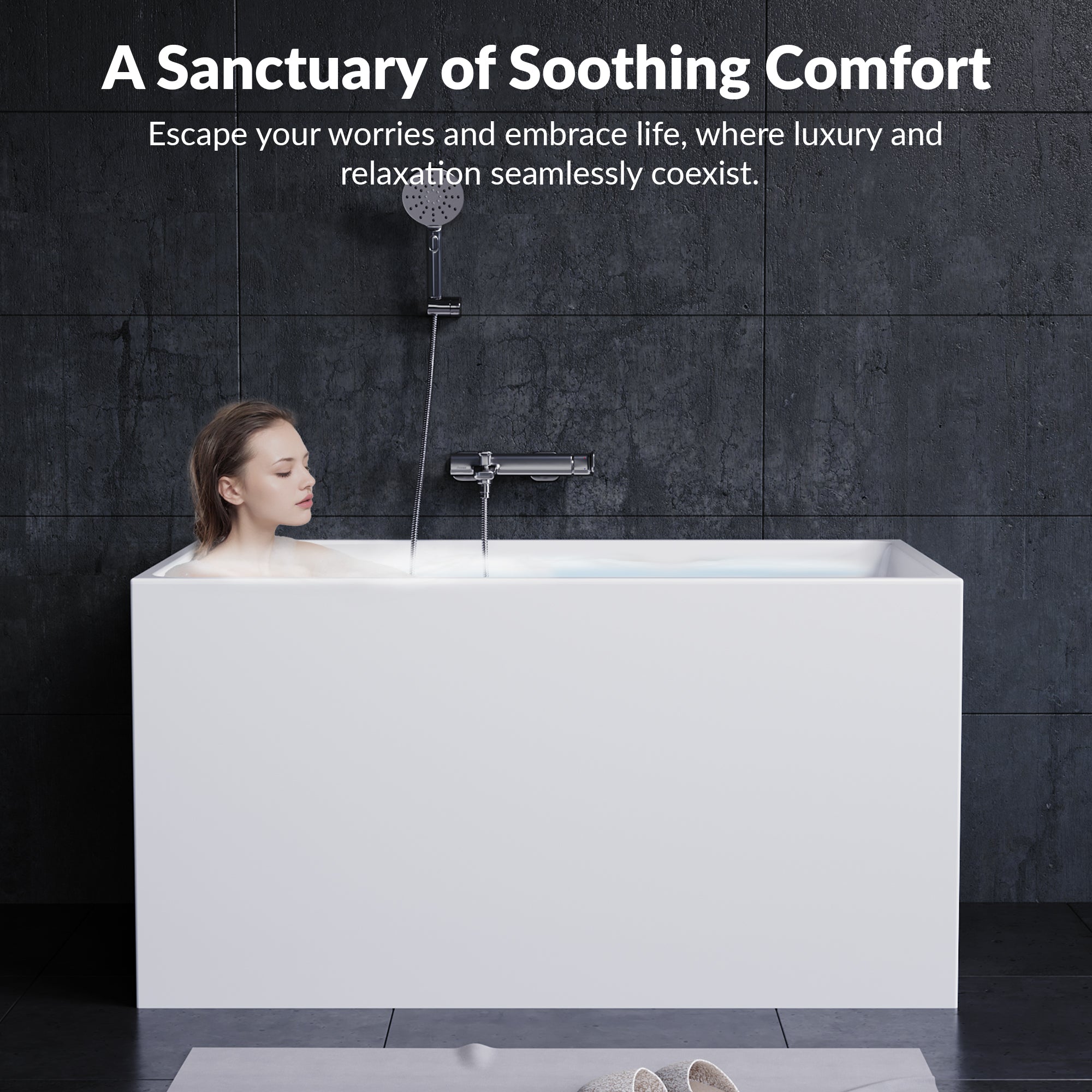 YULIKA Freestanding Acrylic Bathtub with Built-In Seat, Large Capacity for Small Spaces & Deep Soaking