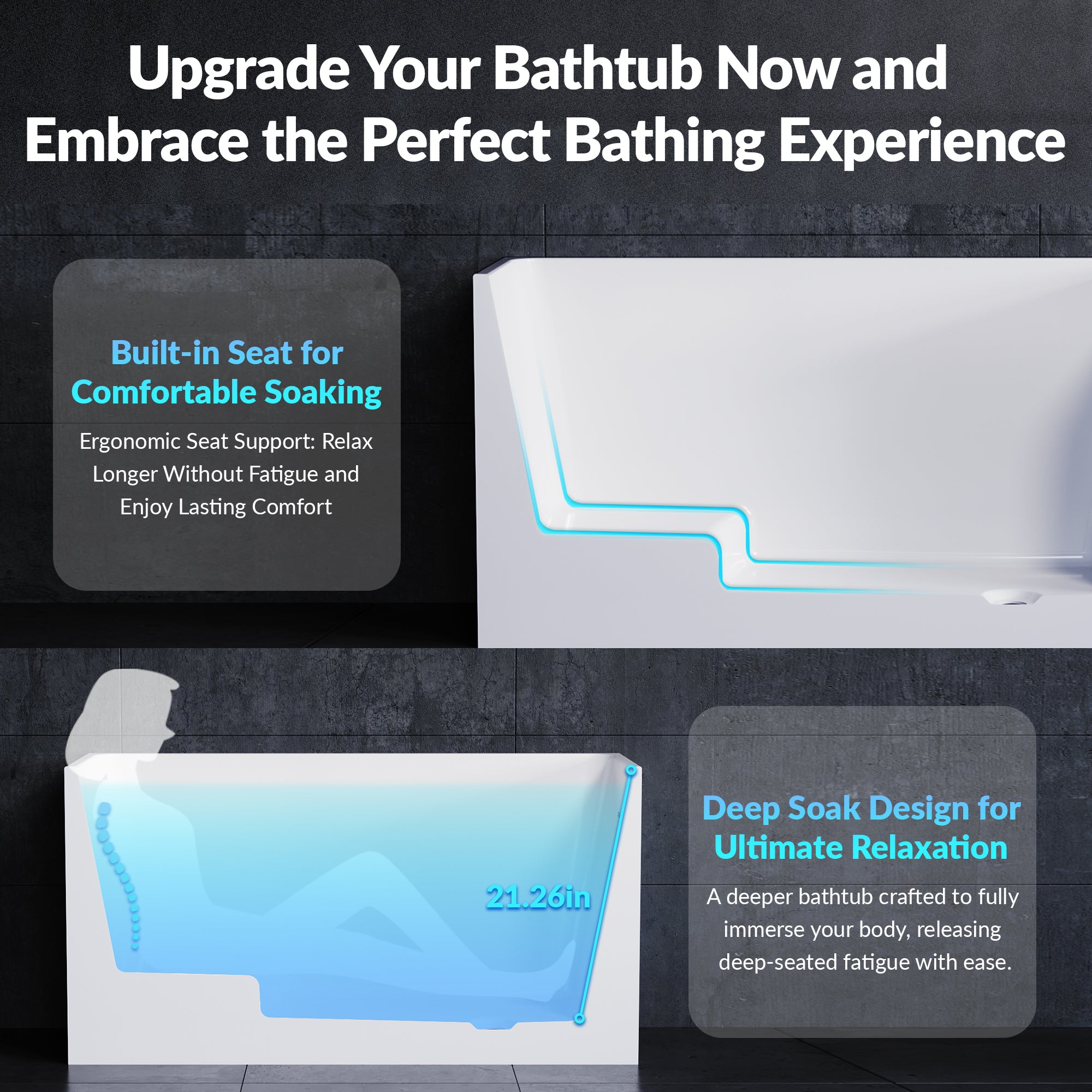YULIKA Freestanding Acrylic Bathtub with Built-In Seat, Large Capacity for Small Spaces & Deep Soaking