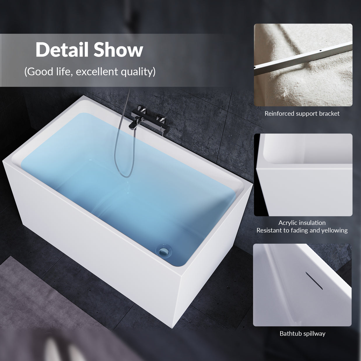 YULIKA Freestanding Acrylic Bathtub with Built-In Seat, Large Capacity for Small Spaces & Deep Soaking