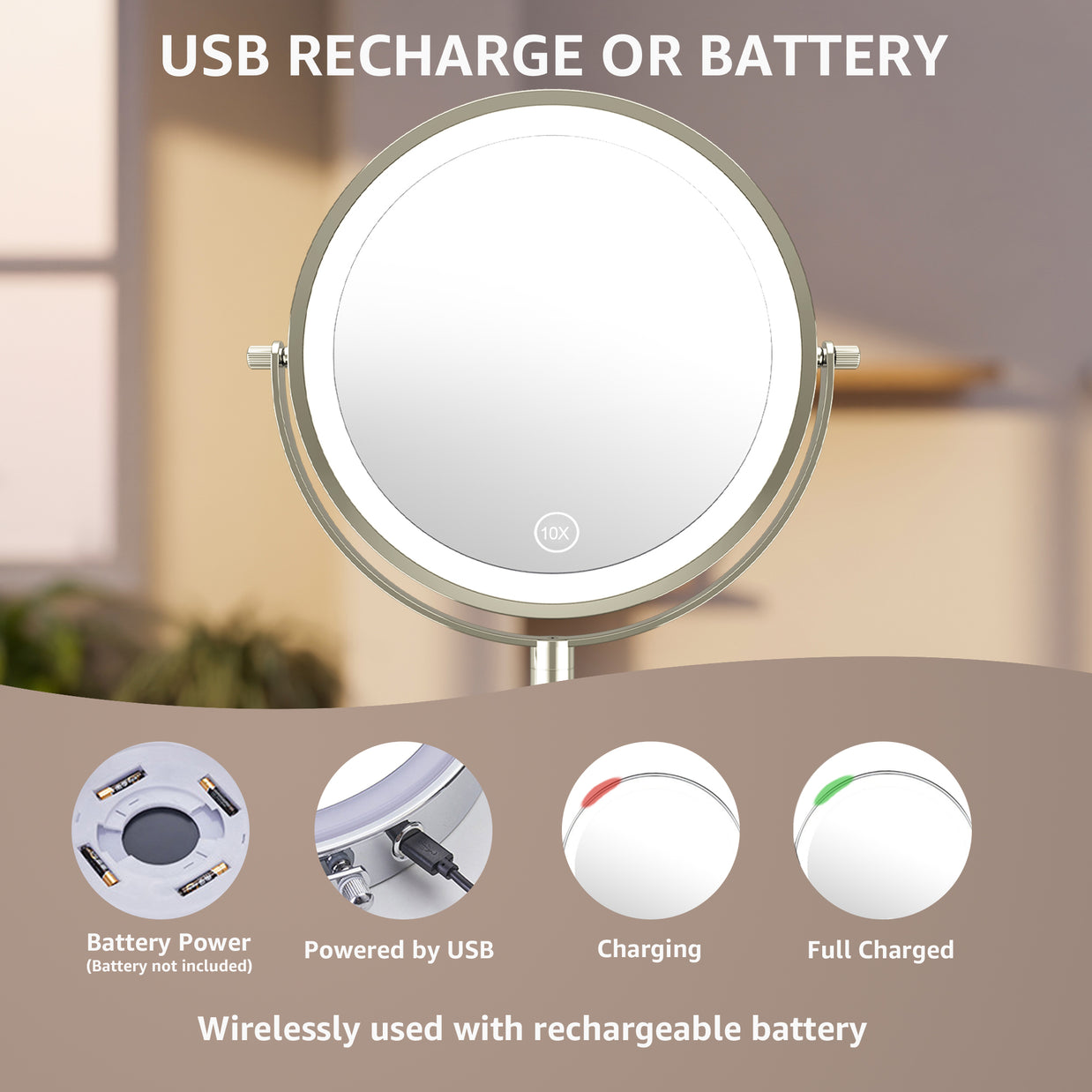 YULIKA Round Led Metal Wall Mirror 10x Magnification Makeup Mirror, Plug-In