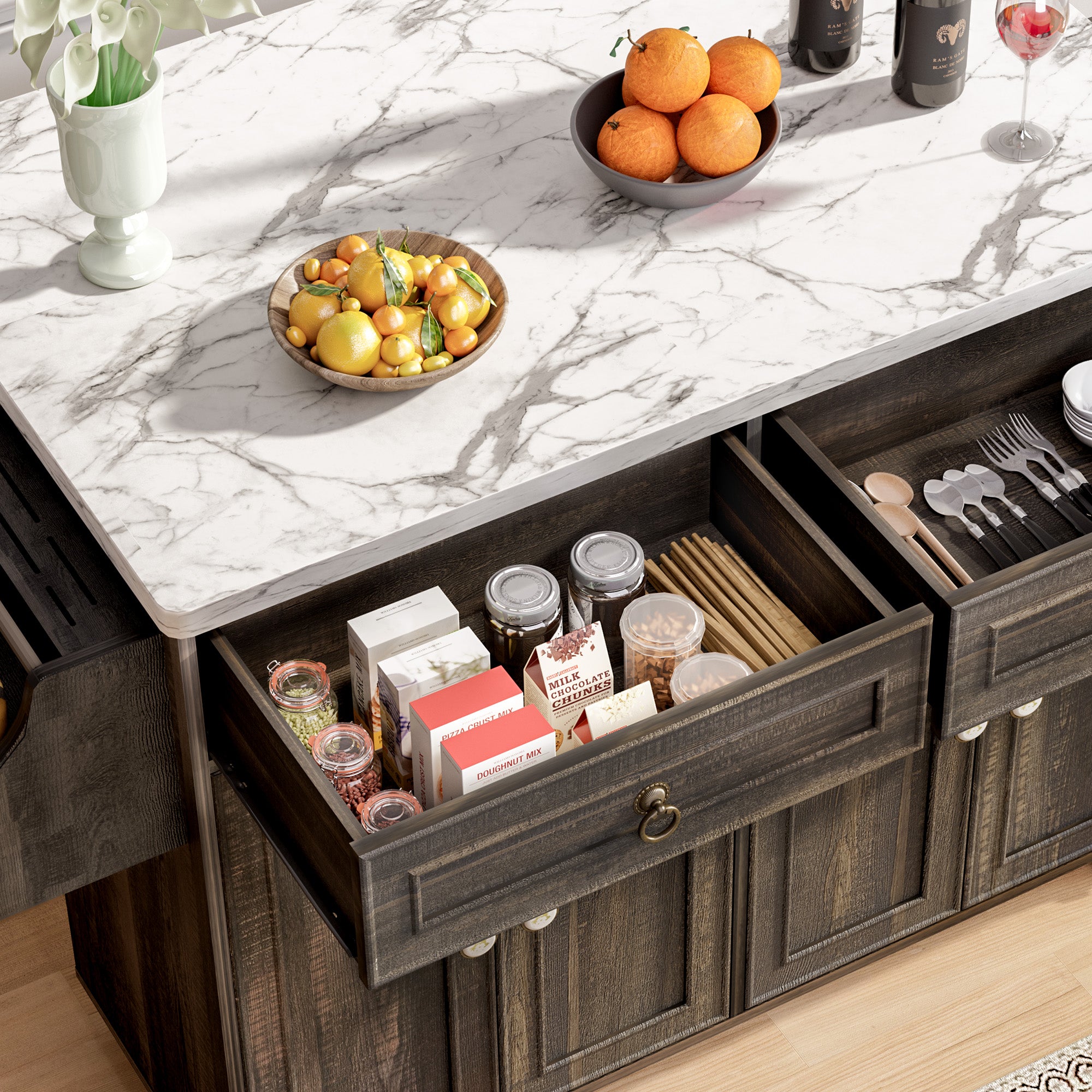 Farmhouse Rolling Kitchen Island with Drop-Leaf & Power Outlet